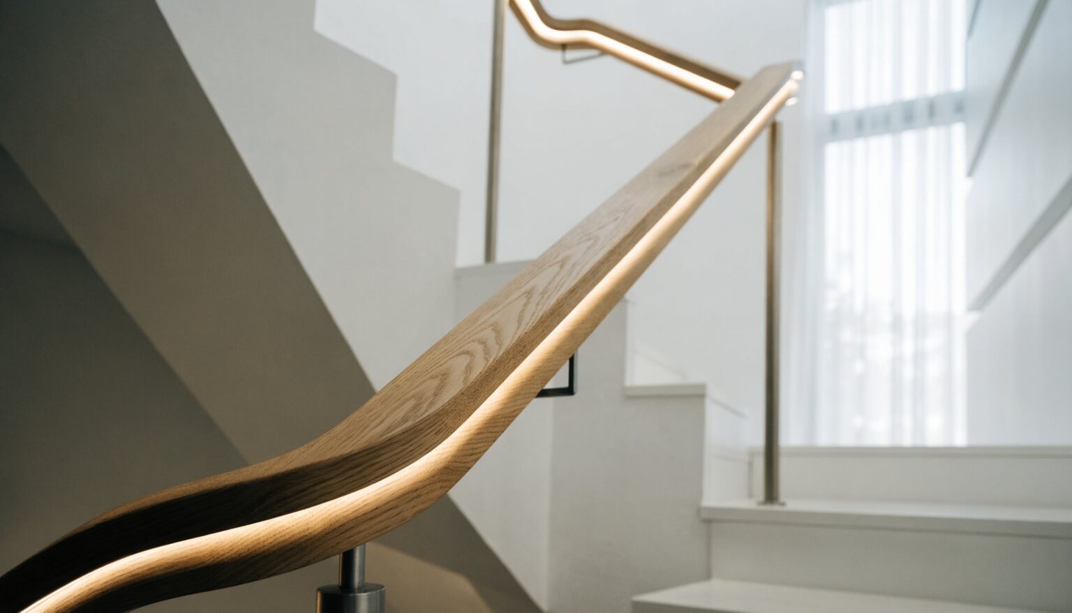 Holz-Handlauf mit integrierter LED-Beleuchtung an einer Treppe – beleuchtetes Treppengeländer