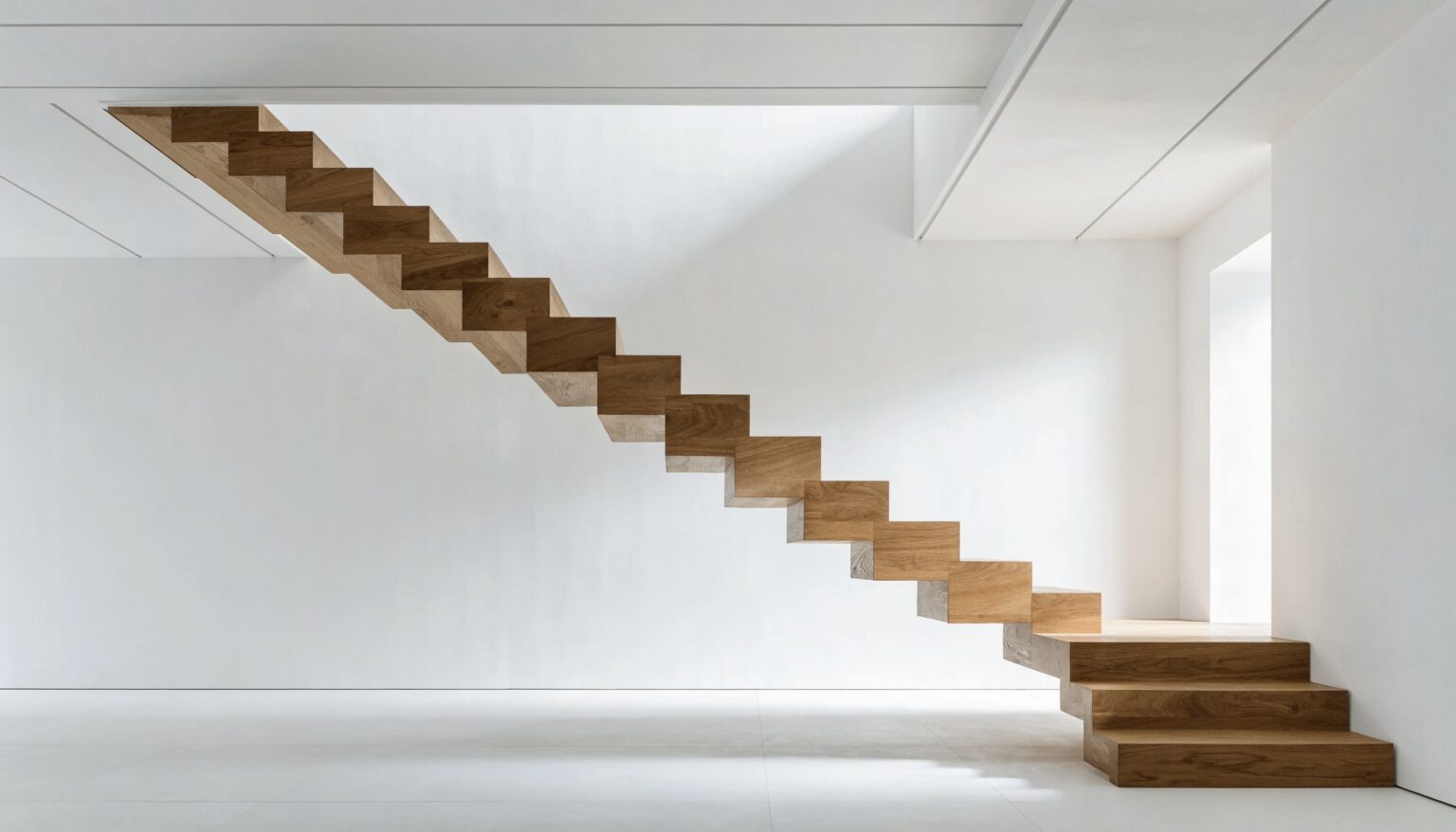 Freitragende Kragarmstiege aus Holz in hellem Interieur – Kragarmstiege