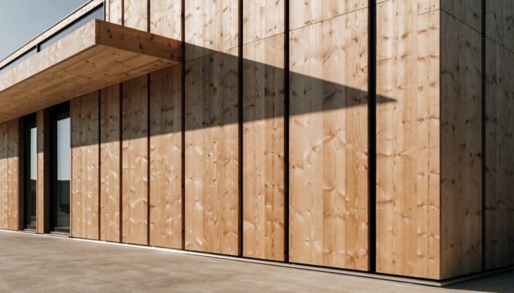 Fassade aus senkrechter Lärchenschalung mit Dachvorsprung, Beispiel für Lärche an der Hausfassade